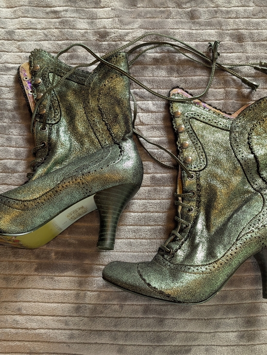 Irregular Choice Shoes - Metallic Green Lace-Up Women's Victorian Ankle Boots